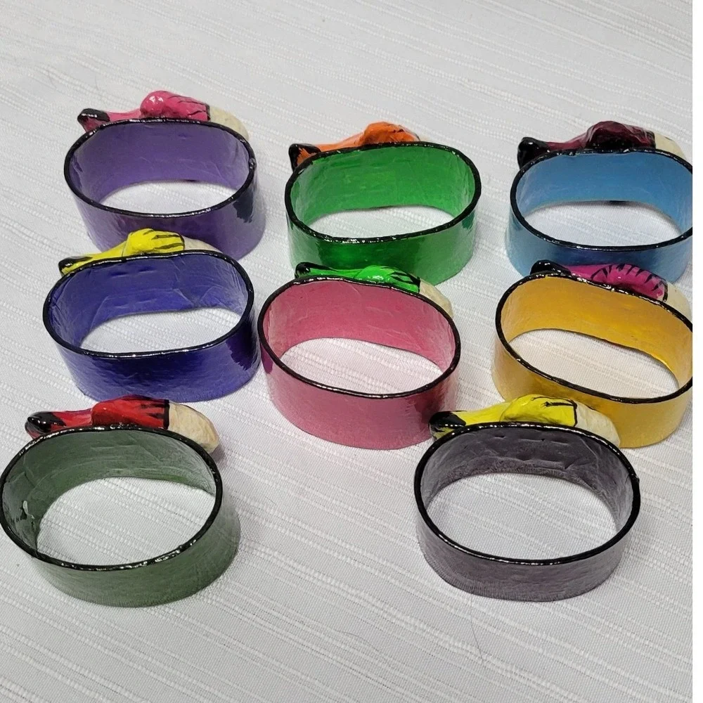 Vintage Folk Art Hand Painted Papier Mache Fish Napkin Rings Colorful